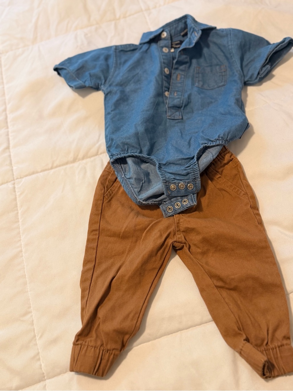 Baby tan joggers with short sleeve denim shirt